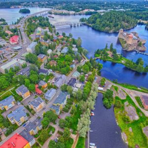 Aerial view of Olavinlinna Olofsborg Medieval 15th century Castle and Savonlinna town in Finland.